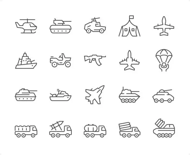 Vector illustration of Military Vehicle icon set. Editable stroke weight. Pixel perfect icons.