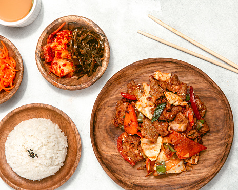 Flat lay of korean food. Above