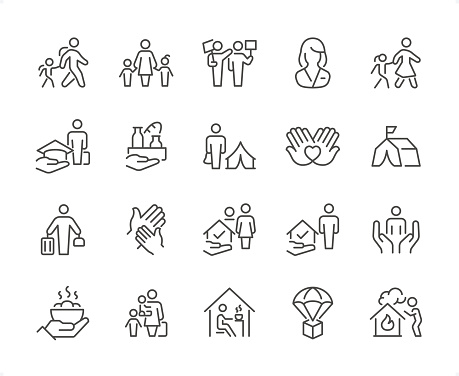 Refugee & Volunteer icons set #04

Specification: 20 icons, 64×64 pх, EDITABLE stroke weight! Current stroke 2 px.

Features: Pixel Perfect, Unicolor, Editable weight thin line.

First row of  icons contains:
Parent and Child (Boy), Single Mother with Kids, Demonstration, Female Volunteer, Mother and Child (Girl);

Second row contains: 
Education, Food (Humanitarian Aid), Displaced Persons Camp, Charity Hands, Homeless Shelter;

Third row contains: 
Displaced People, Woman Refugee, Refugee Camp, Assistance, A Helping Hand; 

Fourth row contains: 
Hot Food Bowl, Family Refugee, Refugee Food, Medical Humanitarian Aid, House in Fire (Exploding).

Check out the complete Prolinico collection — https://www.istockphoto.com/collaboration/boards/m2yevS1B7EWOAAxLZcvJhQ