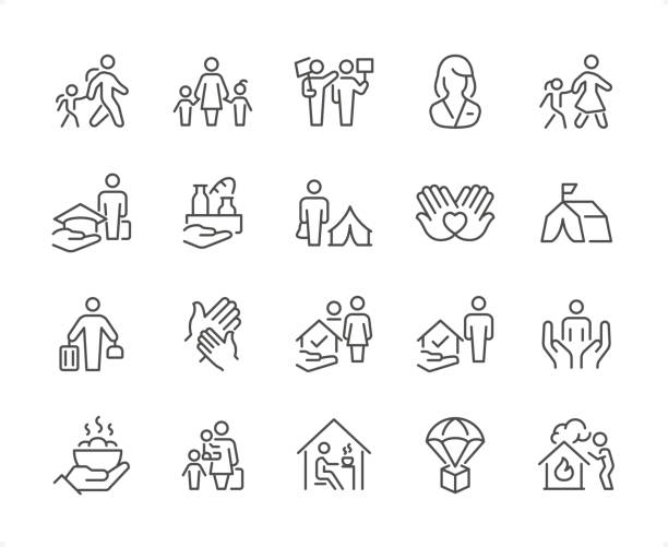 Refugee & Volunteer icon set. Editable stroke weight. Pixel perfect icons. Refugee & Volunteer icons set #04

Specification: 20 icons, 64×64 pх, EDITABLE stroke weight! Current stroke 2 px.

Features: Pixel Perfect, Unicolor, Editable weight thin line.

First row of  icons contains:
Parent and Child (Boy), Single Mother with Kids, Demonstration, Female Volunteer, Mother and Child (Girl);

Second row contains: 
Education, Food (Humanitarian Aid), Displaced Persons Camp, Charity Hands, Homeless Shelter;

Third row contains: 
Displaced People, Woman Refugee, Refugee Camp, Assistance, A Helping Hand; 

Fourth row contains: 
Hot Food Bowl, Family Refugee, Refugee Food, Medical Humanitarian Aid, House in Fire (Exploding).

Check out the complete Prolinico collection — https://www.istockphoto.com/collaboration/boards/m2yevS1B7EWOAAxLZcvJhQ homelessness stock illustrations