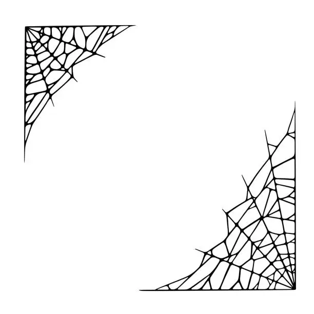 Vector illustration of Spider web corners isolated on white background. Spooky Halloween cobweb border. Vector illustration