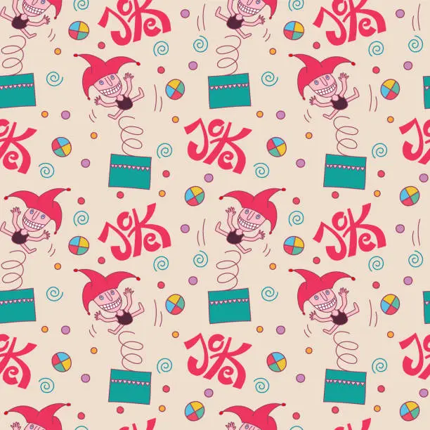 Vector illustration of Joke seamless pattern. Word Joke with surprise box and jester.