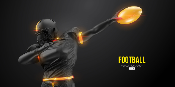 Realistic silhouette of an american football helmet man in action isolated black background. Vector illustration
