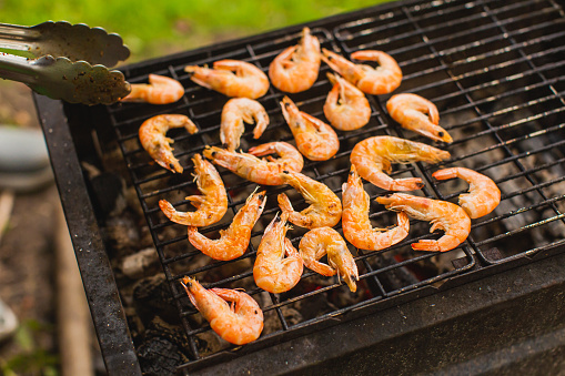 Fresh shrimps on grill. Catered outdoor experience. Dinner in backyard. Red shrimp. Food preparation process. Veal. Delicious snack. Outdoor meal. Grilled sea food