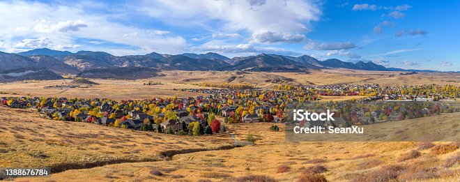 istock Autumn Foothill Village - A colorful panoramic Autumn day view of a small foothill neighborhood, as seen from North Table Loop Trail. Denver-Golden-Arvada, Colorado, USA. 1388676784