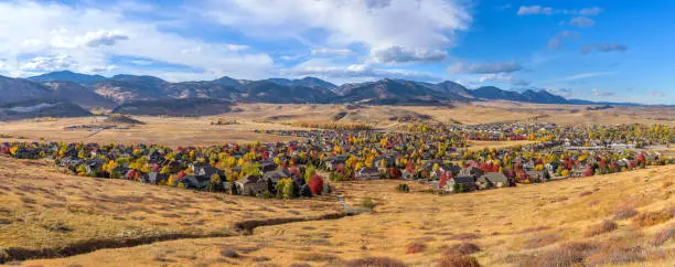 Photo of Autumn Foothill Village - A colorful panoramic Autumn day view of a small foothill neighborhood, as seen from North Table Loop Trail. Denver-Golden-Arvada, Colorado, USA.