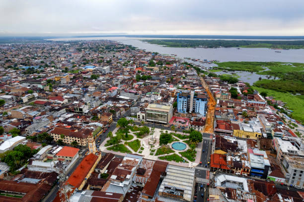 aerial view of iquitos, peru, also known as the capital of the peruvian amazon - iquitos imagens e fotografias de stock