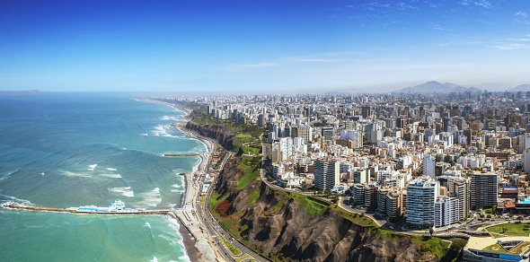 Aerial panorama of Lima, Peru along the coast also known as Circuito de Playas de la Costa Verde