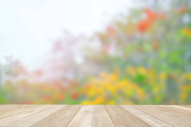 istock Empty top wooden table on soft focus blurred flowers in nature 1388681441