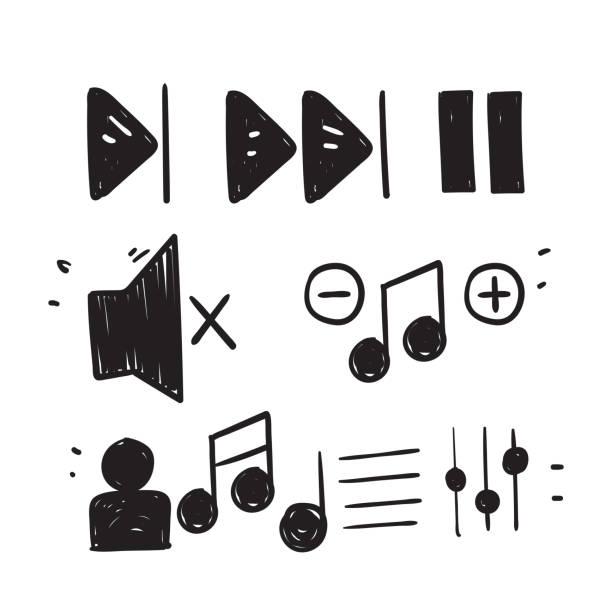 handgezeichnetes doodle simple set of music controls zugehörige illustrationssymbol - buttoning stock-grafiken, -clipart, -cartoons und -symbole