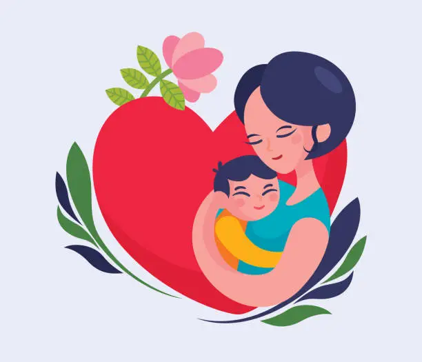 Vector illustration of Happy Mother's Day. Vector illustration of mother hodling child in arms on heart shape and flower background. Empty copy space for greeting card