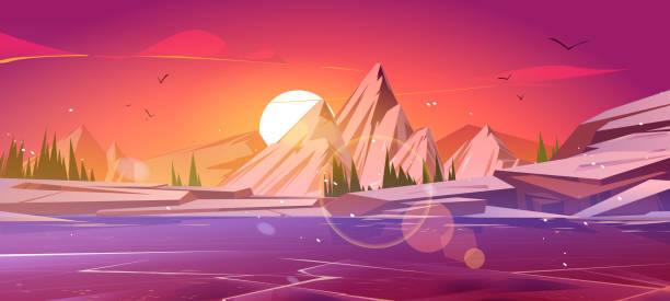 bildbanksillustrationer, clip art samt tecknat material och ikoner med frozen lake, mountains and snow at sunset - fjäll sjö sweden