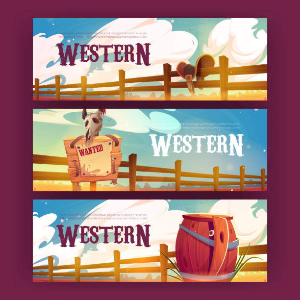 illustrazioni stock, clip art, cartoni animati e icone di tendenza di striscioni dei cartoni animati occidentali, set di sfondo del selvaggio west - wanted poster wild west sign wood