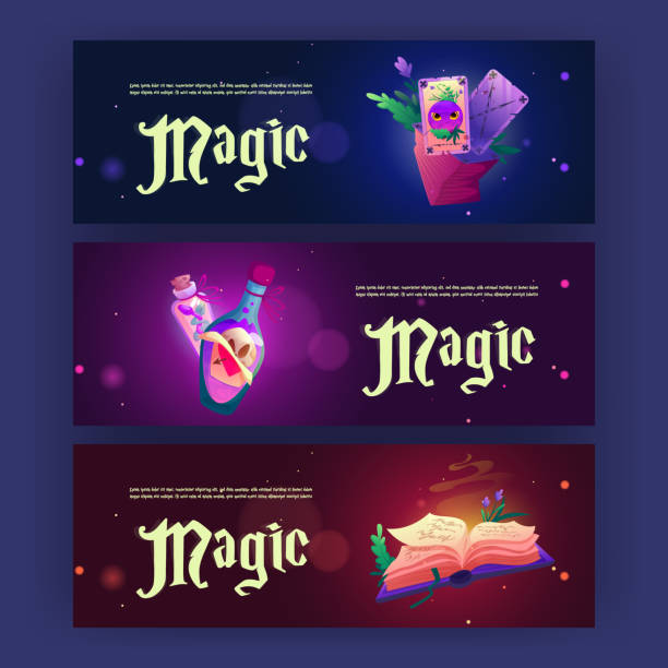 Magic posters with elixir, cards and book of spell Magic posters with elixir, fortune telling cards, and book of spell. Vector horizontal banners with cartoon illustration of wizard or witch equipment, tarot cards, open witchcraft book and potions dear trick stock illustrations