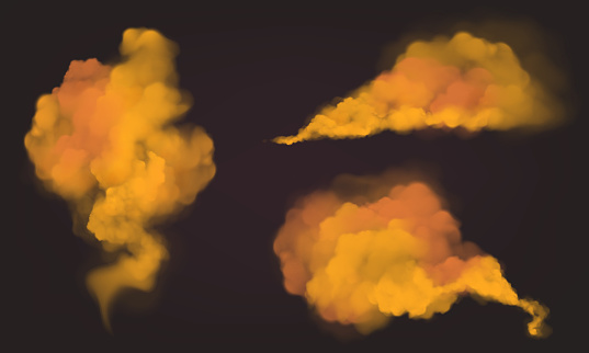 Orange smoke clouds, color dust or powder splashes isolated on black background. Vector realistic set of bright mist flows, streams of fume or paint powder