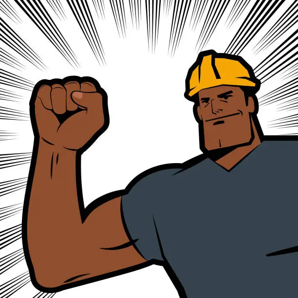 Vector illustration of A strong worker wears a hard hat and raises a fist, with a background with comics effects lines