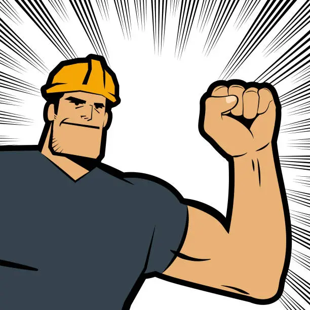 Vector illustration of A strong worker wears a hard hat and raises a fist, with a background with comics effects lines