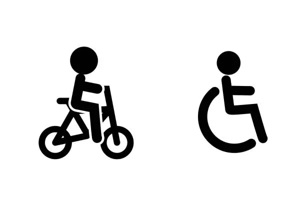 Vector illustration of A person on a bicycle and a person in a wheelchair. Vector.