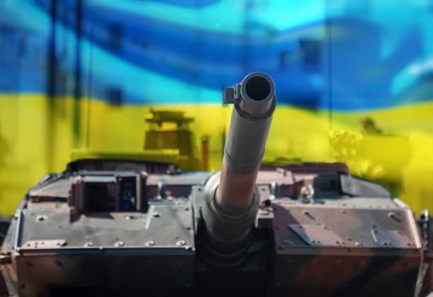 leopard main battle tank, ukraine flag. military heavy vehicle. army equipment for war and defense - leopard tank 個照片及圖片檔