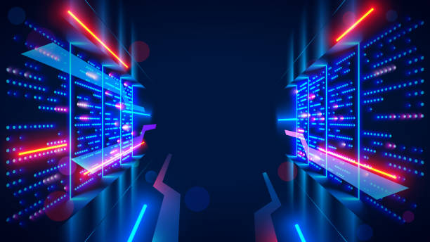 stockillustraties, clipart, cartoons en iconen met data center or server room with servers of information cloud storage. dark datacenter with light of data signals. technology of computer warehouse of data. hosting service conceptual tech background. - opslagkamer