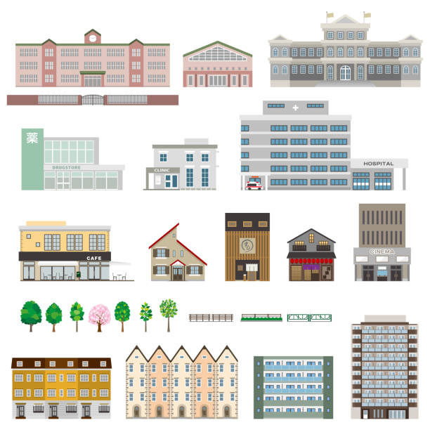 illustrazioni stock, clip art, cartoni animati e icone di tendenza di illustrazione vettoriale di vari edifici. vista esterna dell'edificio. - school gymnasium illustrations