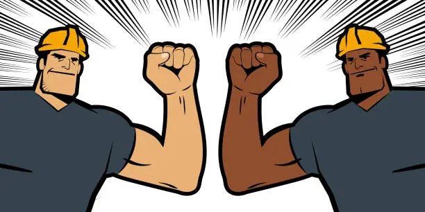 Vector illustration of Two strong workers wear a hard hat and raise a fist, with a background with comics effects lines