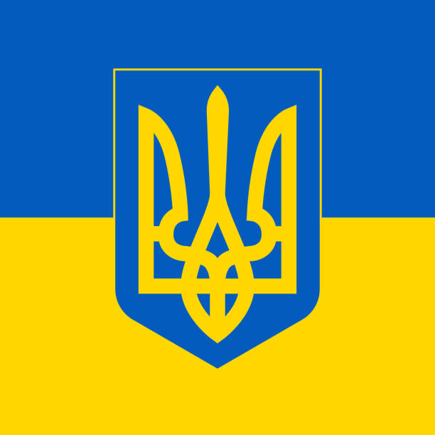 국기의 배경에 우크라이나의 독립 국가의 무기의 공식 코트 - 벡터 - ukraine trident ukrainian culture coat of arms stock illustrations
