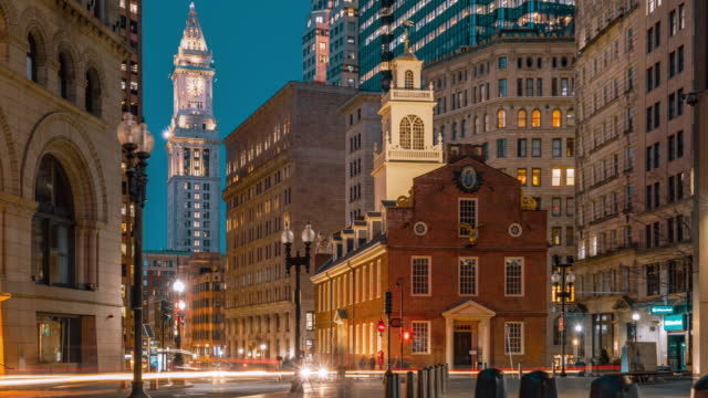 Time lapse of Boston old state house at the twilight time, Massachusetts, USA