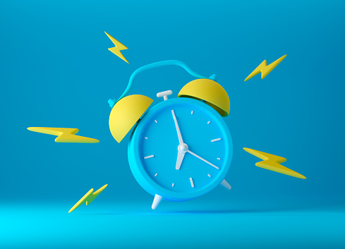 Blue vintage ringing alarm clock with bright yellow lightings on blue background. Modern design, business concept, icon 3d render