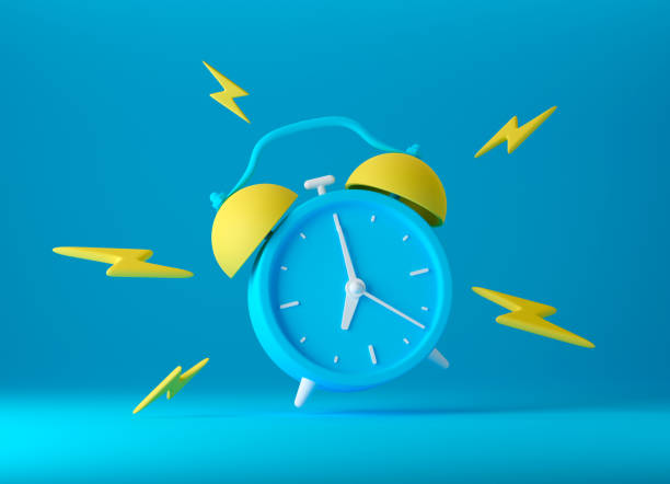 Blue vintage ringing alarm clock with bright yellow lightings Blue vintage ringing alarm clock with bright yellow lightings on blue background. Modern design, business concept, icon 3d render school alarm stock pictures, royalty-free photos & images