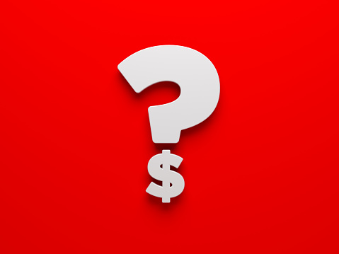 White-colored question symbol and dollar sign. On red-colored background. Horizontal composition isolated with clipping path.