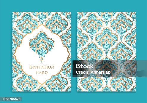 istock Turquoise and gold luxury invitation card design with vector ornament pattern. Vintage template. Can be used for background and wallpaper. Elegant and classic vector elements great for decoration. 1388705625
