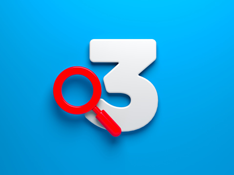 Red-colored magnifying glass and number three. On the blue-colored background. Horizontal composition isolated with clipping path.