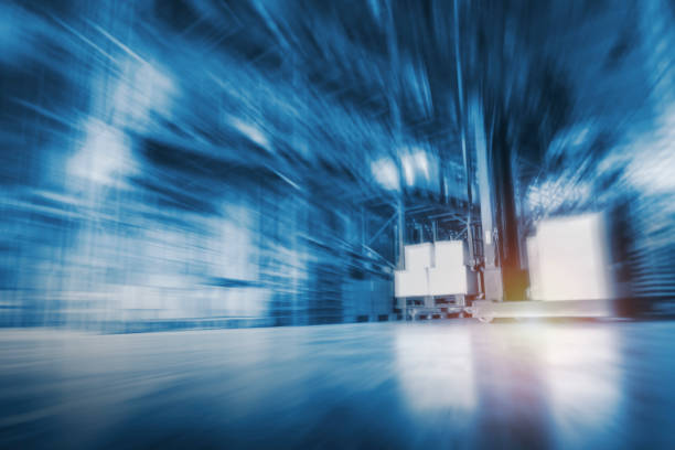 Blurred Warehouse For Industrial or Logistics Background. Interior Warehouse Space Storage of Tall Shelf. Business Distribution Storage Cargo.