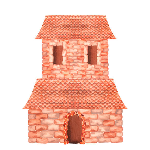 Brick castle. Watercolor illustration. Isolated on a white background. For design Brick castle. Watercolor illustration. Isolated on a white background. For your design of children's clothing, nursery interior items, stationery, book covers, illustrations of fairy tales. fairy door fairy tale antique stock illustrations