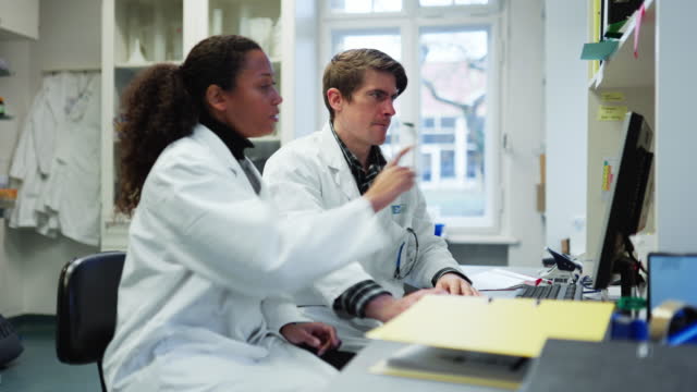 Male and female scientists working on computers in a lab and discussing