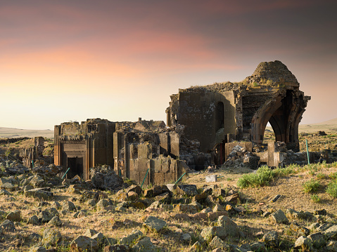 Ani ruins at sunrise. Ani city ruins historical ancient ruins of an antique city in Kars, Eastern Anatolia, Turkey travel destinations.