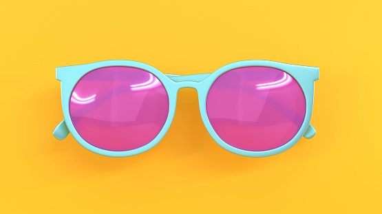 3D stylish sunglasses front view. Glasses with turquoise frame and pink lenses, fashion woman eyeglasses isolated on yellow orange background. Modern trendy summer design, realistic 3D render.