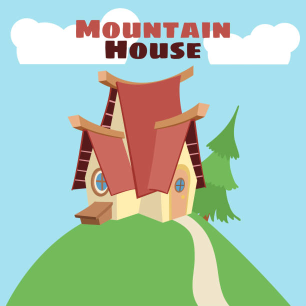 istock A little house on a hill, camping house vector with mountain and clouds 1388711406
