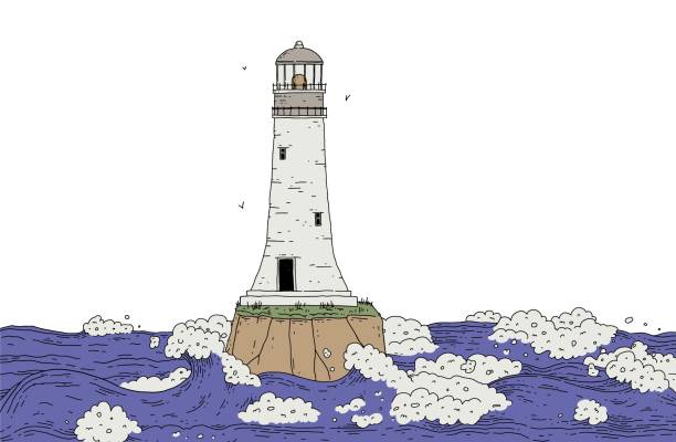 illustrations, cliparts, dessins animés et icônes de phare sur rocher parmi les vagues orageuses de la mer. paysage avec projecteur de tour de signalisation et eau pour la conception de bannières. illustration de griffonnage de ligne vectorielle. - sea storm lighthouse rough