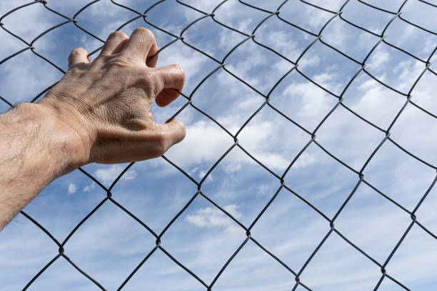 istock hand on a fence with the sky with clouds in the background. 1388714314