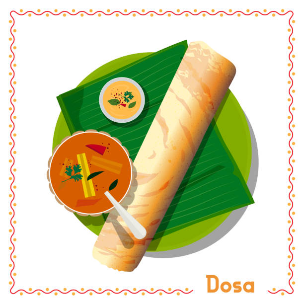 Illustration of south indian food (Breakfast) dosa on banana leaf Illustration of south indian food (Breakfast) dosa on banana leaf kerala south india stock illustrations