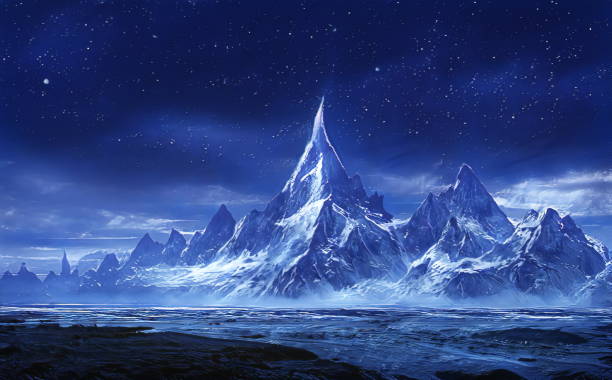 山々の幻想的な冬の壮大な魔法の風景。凍った自然。山の中の氷河。ミスティックバレー。芸術的な油絵。アートワークスケッチ。ゲームの背景。ブックカバーとポスター - glacier mountain ice european alps点のイラスト素材／クリップアート素材／マンガ素材／アイコン素材