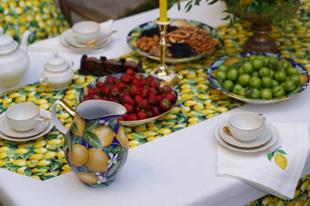 istock Table with apple pie, fruits snacks. Spring concept 1388717170