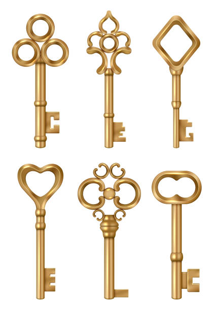 ilustrações de stock, clip art, desenhos animados e ícones de golden key. real estate symbols medieval ornate vintage keys for doors decent vector 3d realistic illustrations - house real estate key residential structure