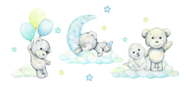 белые медведи, тюлень, облака, луна, воздушные шары, набор акварельных концепций на изолированном фоне, в мультяшном стиле. - polar bear young animal isolated cub stock illustrations