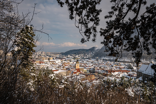 The view of the old town of Brasov in the winter time