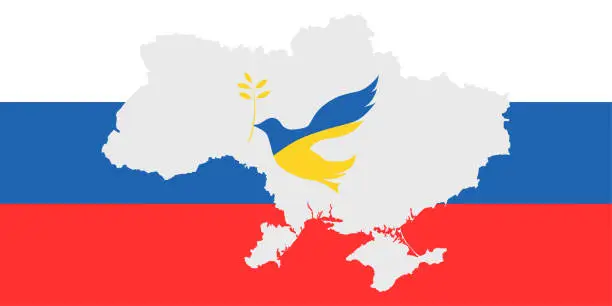 Vector illustration of Dove of Peace on Ukraine Map over Russian Flag