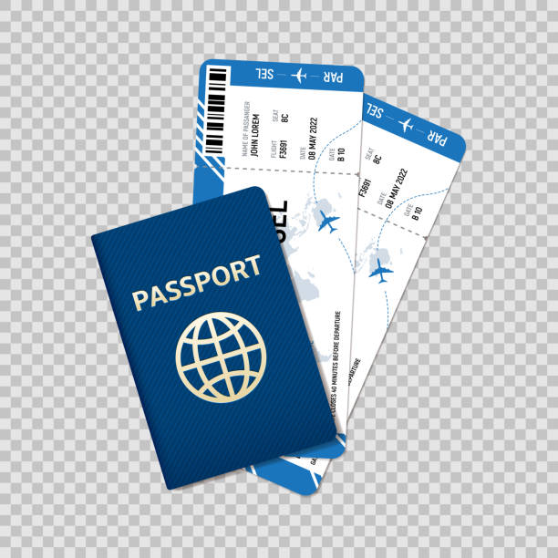 Passport and tickets on plane International passport and tickets on plane. Vector illustration with realistic international passport and tickets on plane. 3d realistic vector objects isolated on checkered background. airplane ticket stock illustrations