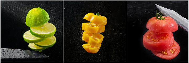 Sweet pepper, lime and tomato, sliced on the fly in a spray, widescreen black background. Cooking concept, collage